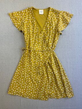Harper Heritage Floral Wrap Dress Mustard Yellow Mini Size Small